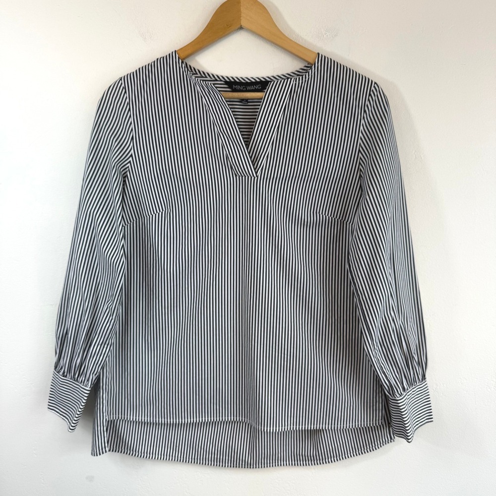 Ming Wang Popover Blouse XS Black White Pinstripe Stretch Cotton Office Top